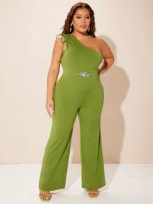 SHEIN SXY Plus Floral Rhinestone One Shoulder Jumpsuit - Olive Green - View 4