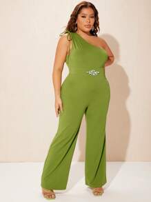 SHEIN SXY Plus Floral Rhinestone One Shoulder Jumpsuit - Olive Green - View 5