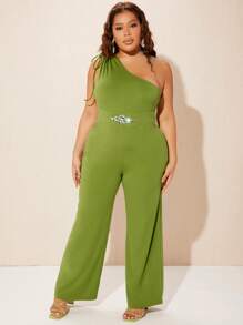 SHEIN SXY Plus Floral Rhinestone One Shoulder Jumpsuit - Olive Green - View 3