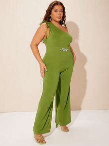 SHEIN SXY Plus Floral Rhinestone One Shoulder Jumpsuit - Olive Green - View 1