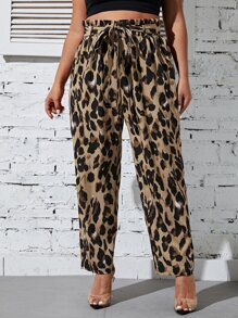 SHEIN LUNE Plus Allover Print Paperbag Waist Belted Trousers - Brown - View 1