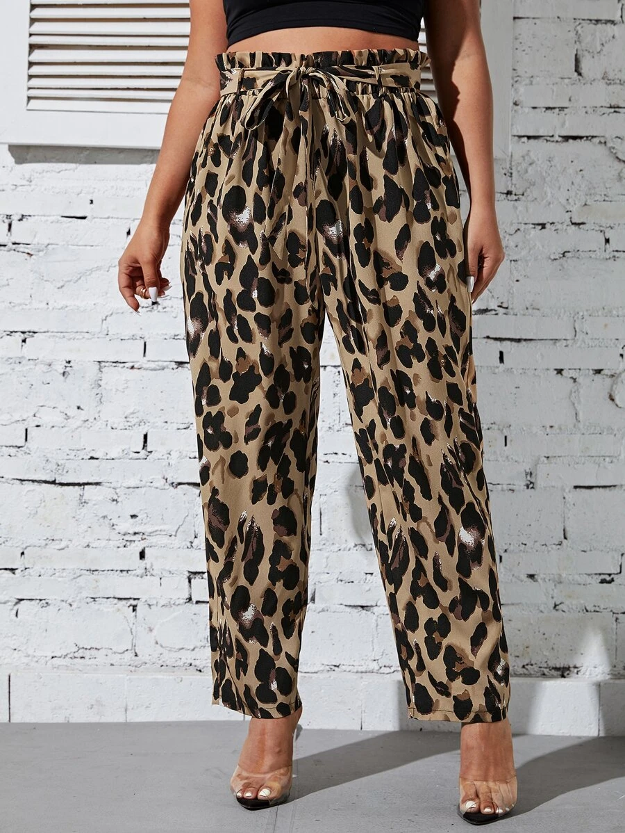 SHEIN LUNE Plus Allover Print Paperbag Waist Belted Trousers - Brown - View 1