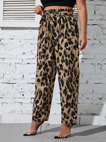 SHEIN LUNE Plus Allover Print Paperbag Waist Belted Trousers - Brown - View 4