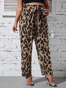 SHEIN LUNE Plus Allover Print Paperbag Waist Belted Trousers - Brown - View 5