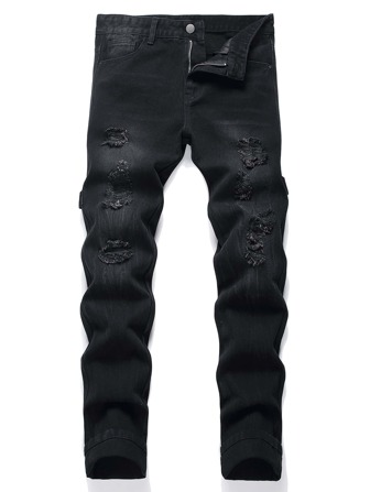 Vaqueros desgastados y desgarrados con lavado desteñido para hombre