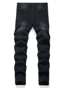 男士破洞磨边漂白洗水牛仔裤 - 黑色 - 查看 2