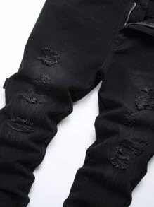 男士破洞磨边漂白洗水牛仔裤 - 黑色 - 查看 5