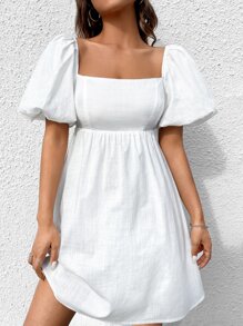 SHEIN EZwear 方領泡泡袖連衣裙 - 白色 - 查看 1