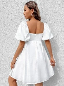 SHEIN EZwear 方領泡泡袖連衣裙 - 白色 - 查看 2