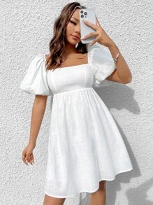 SHEIN EZwear 方領泡泡袖連衣裙 - 白色 - 查看 3