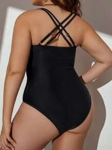SHEIN Swim Curve 大碼印花連體泳衣 - 黑色 - 查看 2