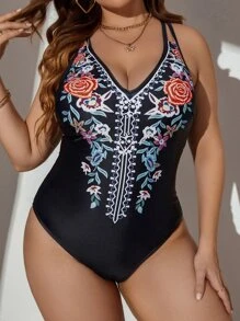 SHEIN Swim Curve 大碼印花連體泳衣 - 黑色 - 查看 3