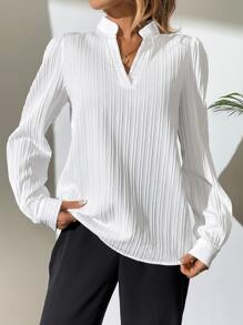 SHEIN Tall Solid Notched Neck Plisse Blouse - White - View 3