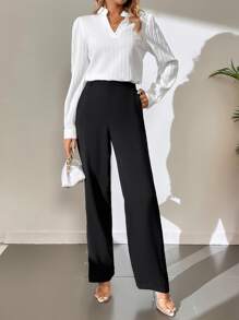 SHEIN Tall Solid Notched Neck Plisse Blouse - White - View 5