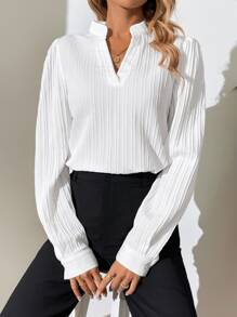SHEIN Tall Solid Notched Neck Plisse Blouse - White - View 6