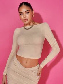 SHEIN BAE Ribbed Knit Crop Tee - Apricot - View 2