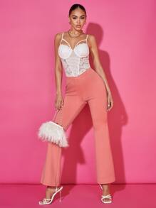 SHEIN BAE Solid Flare Leg Trousers - Coral Pink - View 1