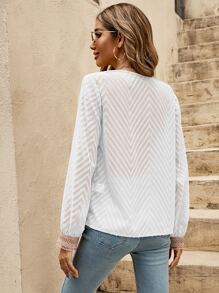 SHEIN Clasi Chevron Textured Guipure Lace Insert Blouse - White - View 2