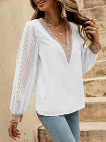 SHEIN Clasi Chevron Textured Guipure Lace Insert Blouse - White - View 4