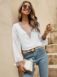 SHEIN Clasi Chevron Textured Guipure Lace Insert Blouse - White - View 6