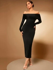 SHEIN BAE Solid Off Shoulder Bodycon Dress - Black - View 1