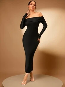 SHEIN BAE Solid Off Shoulder Bodycon Dress - Black - View 4
