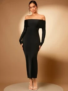 SHEIN BAE Solid Off Shoulder Bodycon Dress - Black - View 5