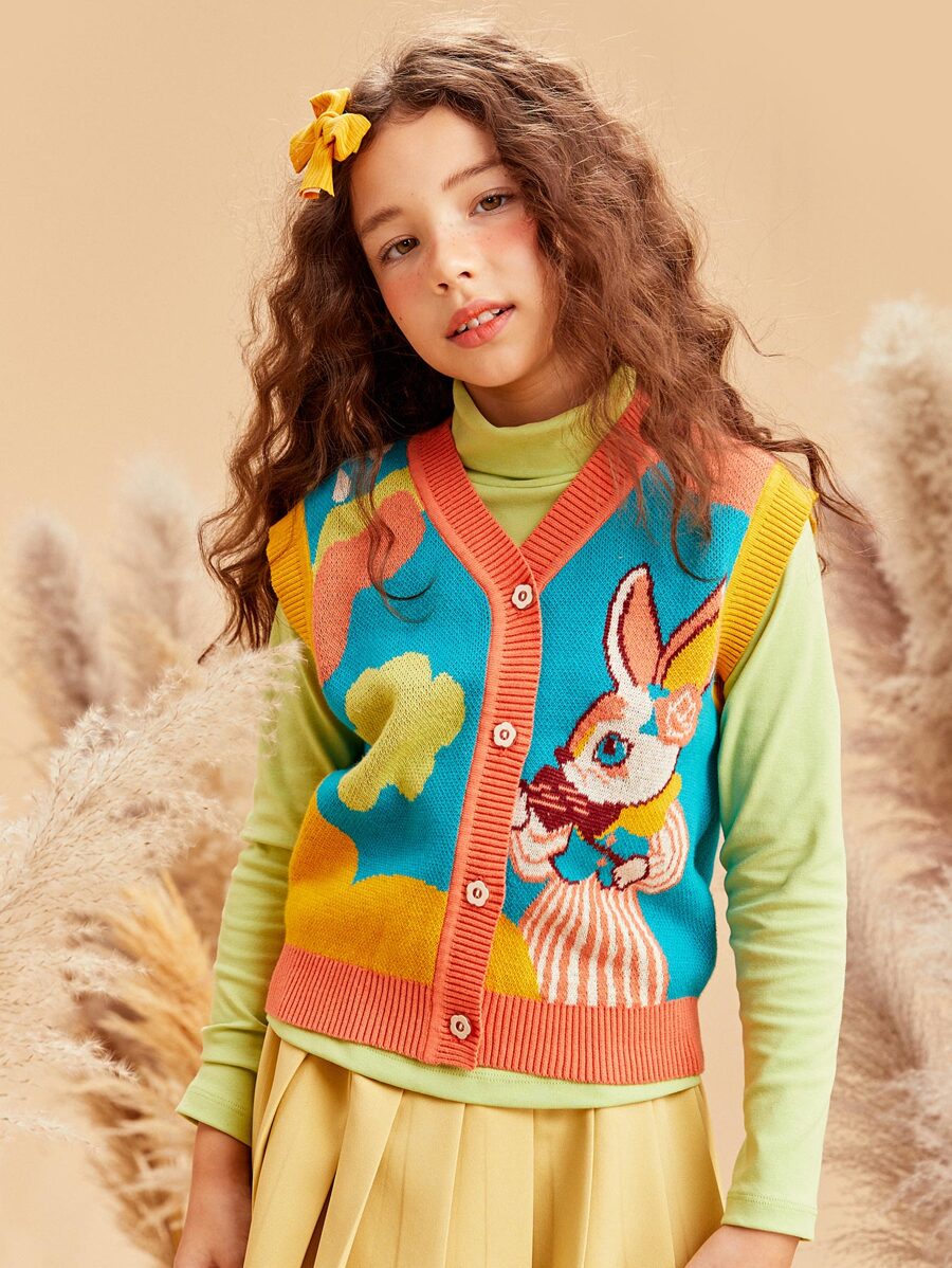 Chicas 1 pieza Cárdigan de chaleco con patrón de dibujos animados - Multicolor - Ver 1