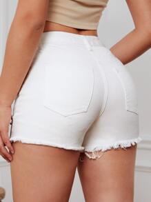 SHEIN EZwear Ripped Raw Hem Denim Shorts - White - View 2