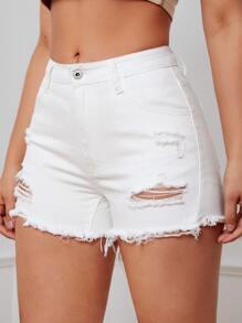 SHEIN EZwear Ripped Raw Hem Denim Shorts - White - View 4