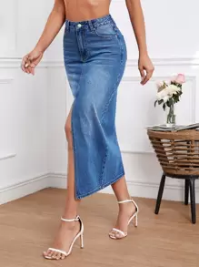 SHEIN Essnce High Waist Slant Pocket Split Thigh Denim Skirt - Dark Wash - View 4