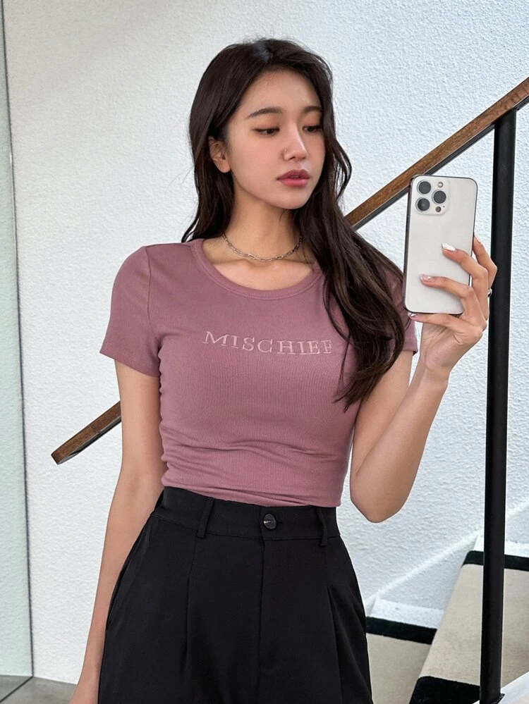 Letter Embroidery Tee,Crop Tops Women
