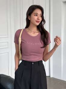 DAZY 女式字母刺绣T恤、短款上衣 - 粉色 - 查看 4