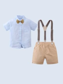 Bộ thời trang bé trai Túi Nơ trước Nút phía trước Khối Màu Sọc Giải trí - Nhiều màu - Xem 2