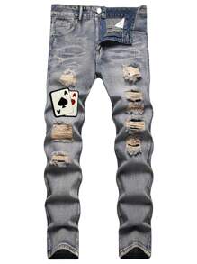 Men Play Card Embroidery Patched Jeans - Light Wash - View 1