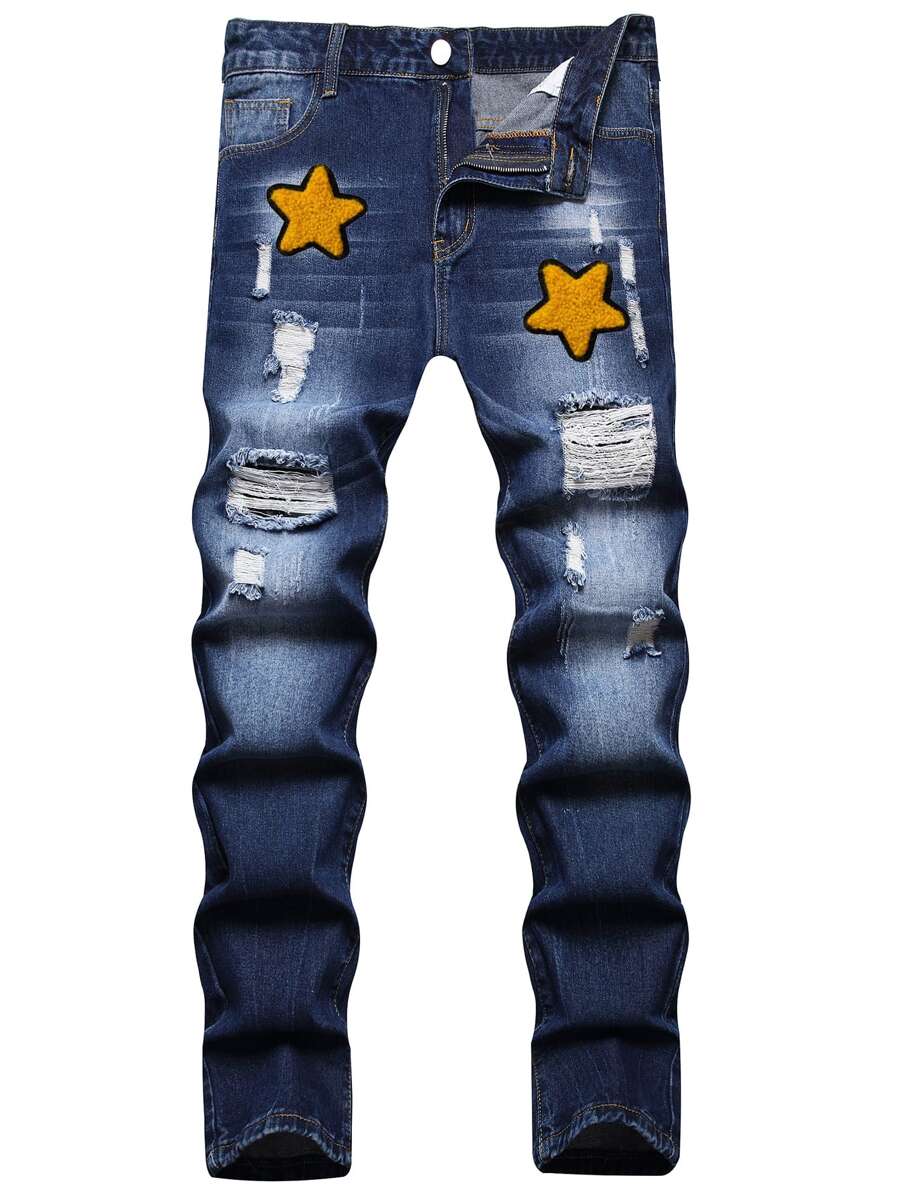 Men Star Patched Ripped Jeans - Dark Wash - View 1