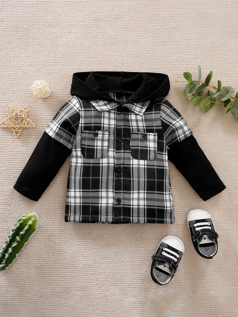 Yierying Baby Boy Plaid Print Flap Pocket Hooded Top - Black and White - View 1