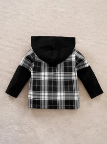 Yierying Baby Boy Plaid Print Flap Pocket Hooded Top - Black and White - View 2