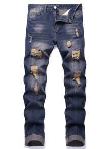 Pantalones vaqueros con bolsillos con cremallera y rotos para hombre - Azul lavado oscuro - Ver 1