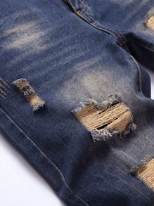 Pantalones vaqueros con bolsillos con cremallera y rotos para hombre - Azul lavado oscuro - Ver 5