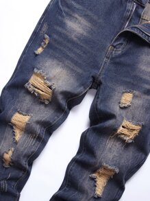 Pantalones vaqueros con bolsillos con cremallera y rotos para hombre - Azul lavado oscuro - Ver 6