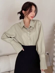 DAZY Solid Curved Hem Pleated Cuff Shirt - Khaki - View 6