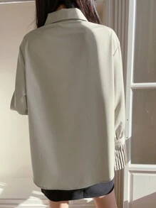 DAZY Solid Curved Hem Pleated Cuff Shirt - Khaki - View 2