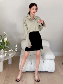 DAZY Solid Curved Hem Pleated Cuff Shirt - Khaki - View 5