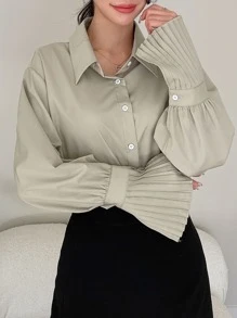 DAZY Solid Curved Hem Pleated Cuff Shirt - Khaki - View 1