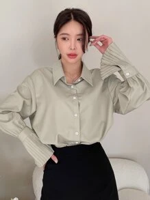 DAZY Solid Curved Hem Pleated Cuff Shirt - Khaki - View 7