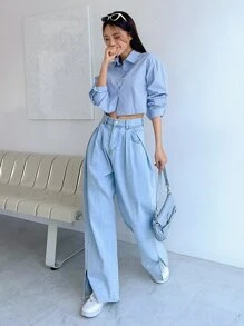 DAZY 垂墜肩鈕扣前衣 - 藍色 - 查看 7