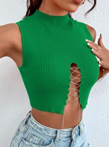 Chiquease Chain Lace Up Front Knit Top - Green - View 1