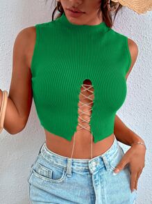 Chiquease Chain Lace Up Front Knit Top - Green - View 3