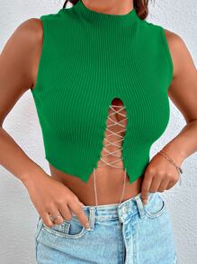Chiquease Chain Lace Up Front Knit Top - Green - View 5